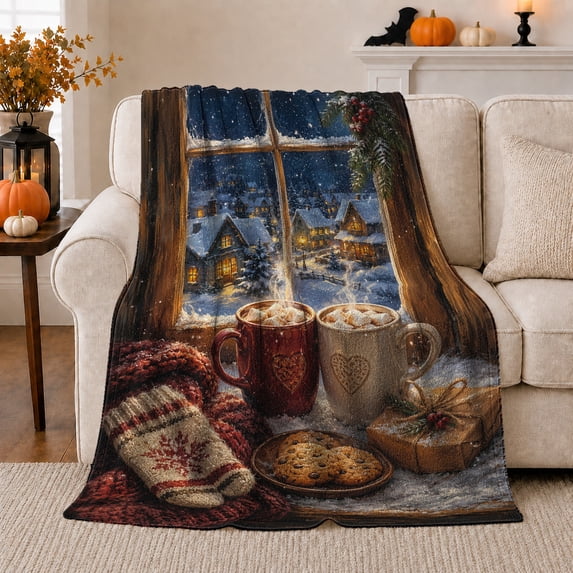 Winter Village Scene Hot Cocoa Mugs Holiday Atmosphere, Festive Holiday Scene, Warm Flannel Blanket for Living Room and Reading Nook, Art Lovers Christmas Gift, Festive Home Decor