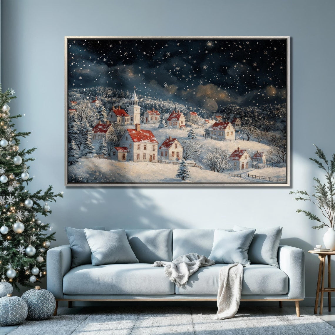 Winter Village Scene Poster Snowy Night Wall Art Cottages And Church ...