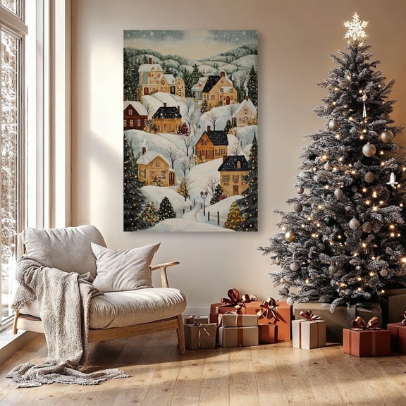 Winter Village Scene Wall Art Winter Snowy Landscape Poster Season Poster Festive Decor Gift Ready To Hang, Unframed Poster Size 8x12