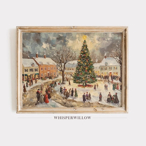 Winter Village Scene, Winter Tree And Festive Crowd, Snowy Landscape Wall Art Print Warm Present Vintage UNFRAMED Poster Size 12x18
