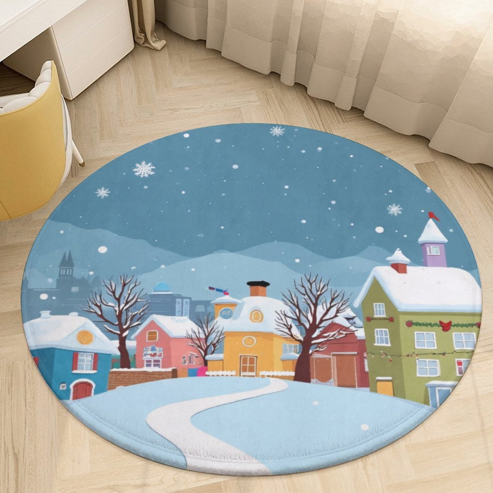 Winter Village Snow Scene Round Area Rugs for Bedroom Living Room, 5FT ...
