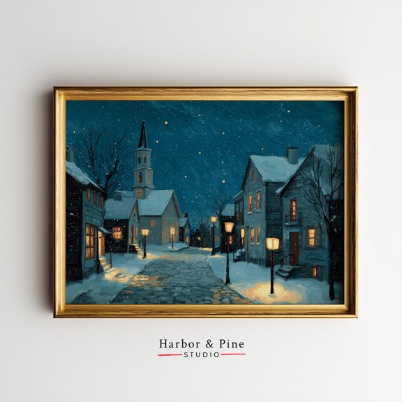 Winter Village Square Midnight Sky Snowfall Cozy Night Scene, UNFRAMED Size 16x16