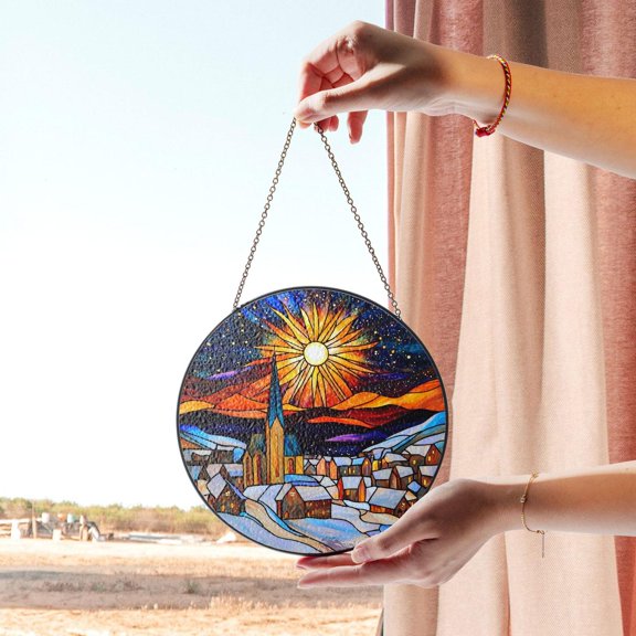 Winter Village Stained Glass Window Panel with Starry Night and Snow