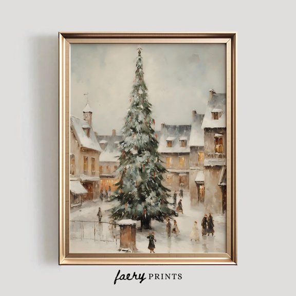 Winter Village Traditional Noel Tree Painting Sage Green Festive Poster, 12x18 UNFRAMED