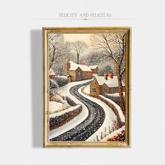 Winter Village Wall Art, Winter Landscape Art, Cute Winter Seasonal Decor, Rustic Winter Decor, Pointilism Wall Art, Modern Wall Decor, 16x24 UNFRAMED