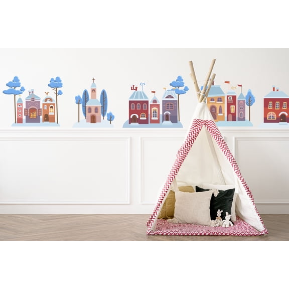 Winter Village Wall Decals Set of 6 Snowy House Vinyl Stickers for Nursery, Playroom, or Holiday Dcor se275