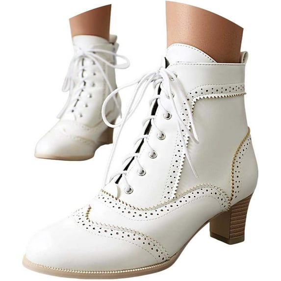 Winter Vintage Boots for Women PU Leather Lace Up Ankle Booties Side Zipper Shoes Mid Heel Fall Chunky Heel Short Boots