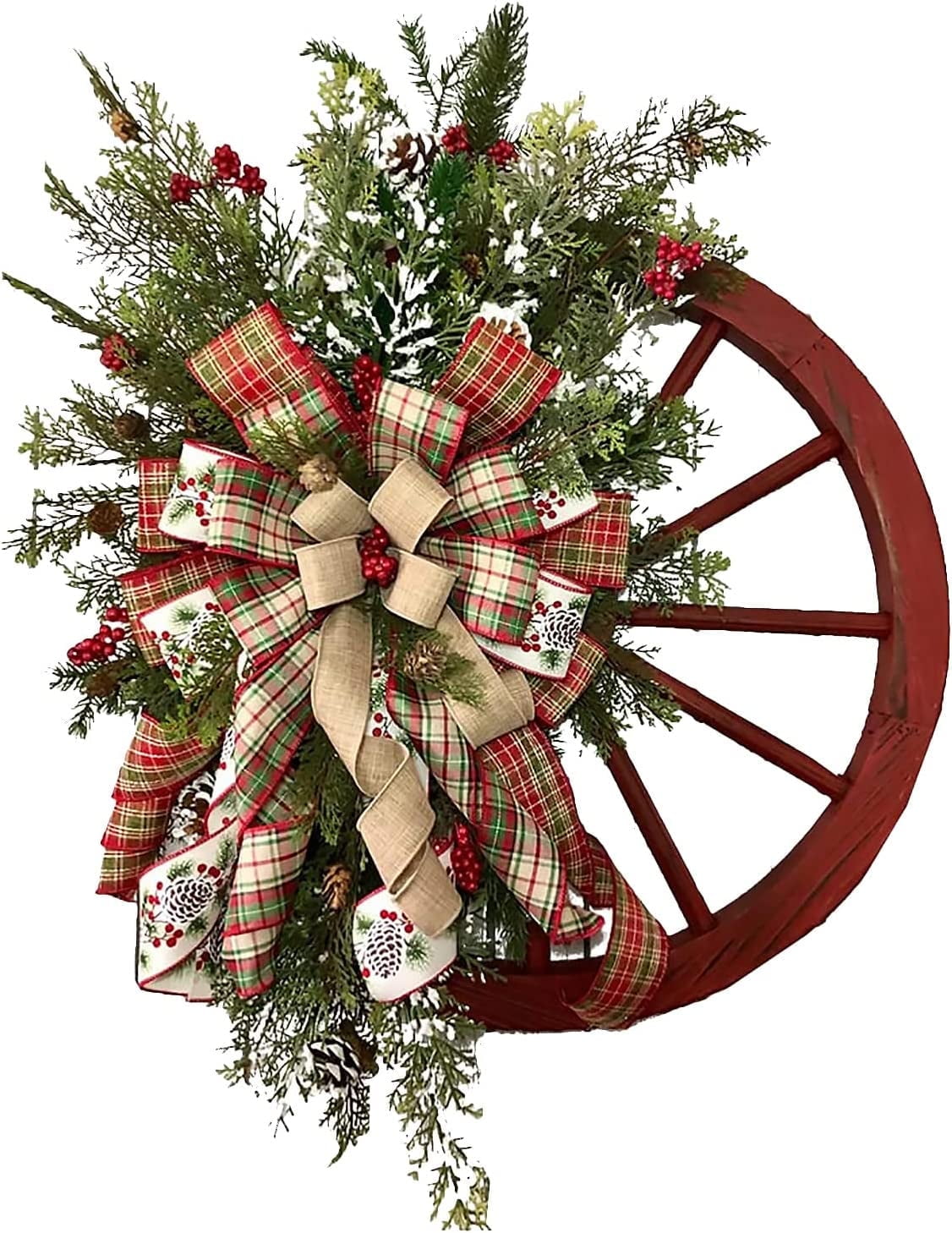 Winter Wagon Wheel Wreath,Christmas Farmhouse Red Wagon Wheel Wreath with Ribbons Pine Trees Berries,Christmas Bowknot Garlands Front Door Wreaths for Halloween Christmas Decorations (15.7 inch)