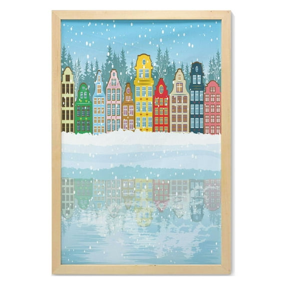 Winter Wall Art with Frame, Christmas Season Themed Snowy Digital Art Multicolored Houses and Reflection on Sea, Printed Fabric Poster for Bathroom Living Room, 23" x 35", Multicolor, by Ambesonne