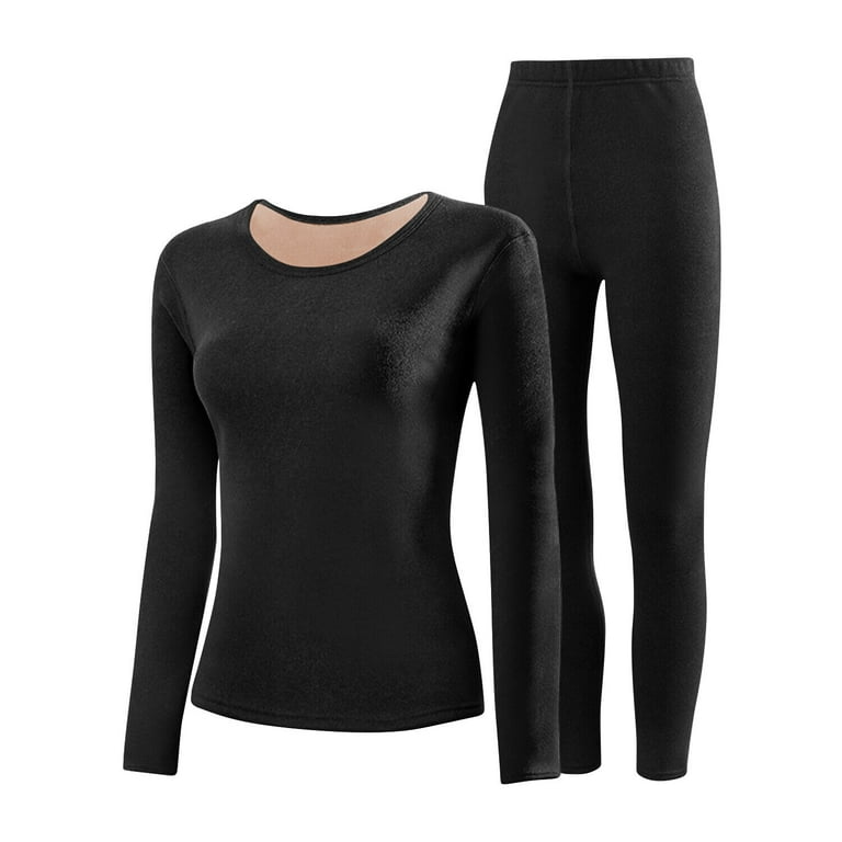 Winter Warm Base Layer Top & Bottom Set for Women, Long Sleeves Thermal  Underwear Set, Black 