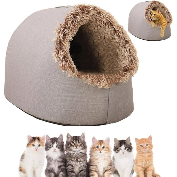 Winter Warm Cat Cave Bed – Soft Plush Enclosed Indoor Pet Tent, Removable Cushion Warming Cozy Cat Bed & Pet Sleeping Bag