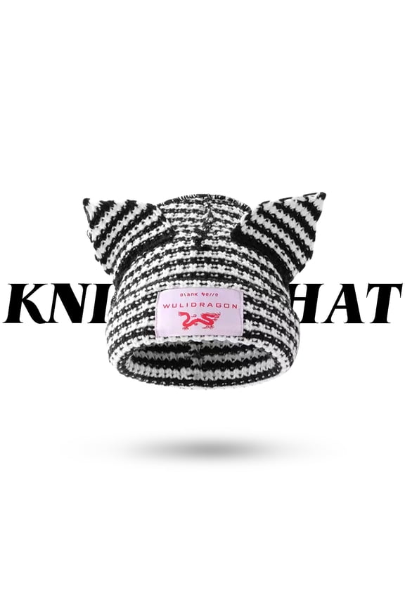 Winter Warm Cat Ear Knitted Hat, Soft Cotton Crochet Loose-fitting Hat, Retro Y2K Style Skull Hat, Fun and Stylish Outdoor Loose-fitting Hat