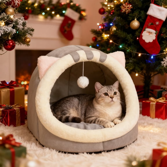 Winter Warm Cat Sleeping Bag Bed - Semi-Enclosed Pet Bed with Reindeer Design for Small Dogs and Cats