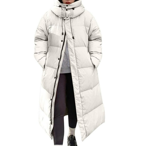Winter Warm Coats for Womens Fashion Plus Size Solid Color Hooded Jacket Thick Jacket Long Length Over Knee Long Sleeved Jacket