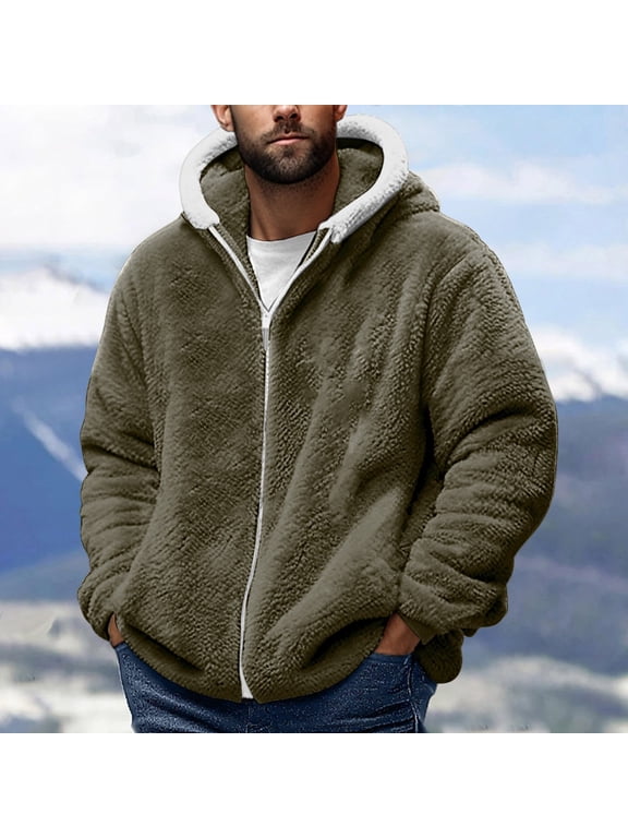 Winter Warm Coats for Men Fuzzy Fleece Jacket with Hooded Loungewear Full Zip Cardigan Outerwear Warm Coat with Pocket Green 4XL