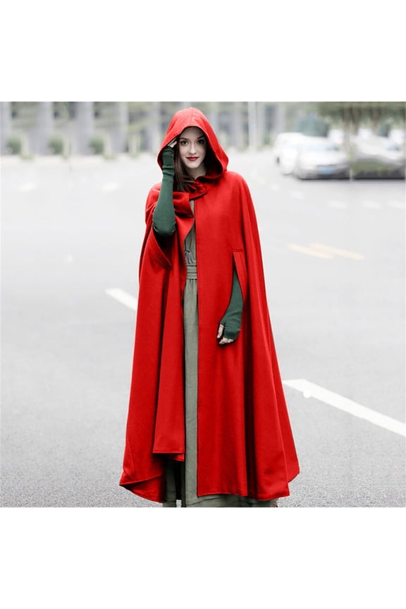 Winter Warm Coats for Women, Ladies Autumn Solid Hooded Button Cloak Split fork Woolen Coat Jackets Red S