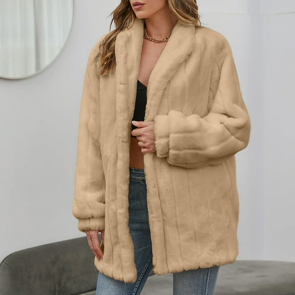 Winter Warm Coats for Women, Ladies Coats Faux Coat Furry Faux Jacket Long Sleeve Outerwear Beige XL
