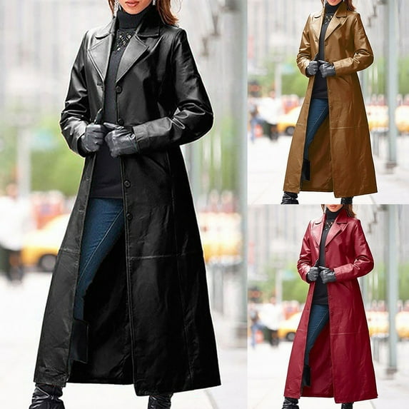Winter Warm Coats for Women, Ladies Sexy Autumn and Solid Long Leather Coat Imitation Leather Windbreaker Coat Jackets Black L