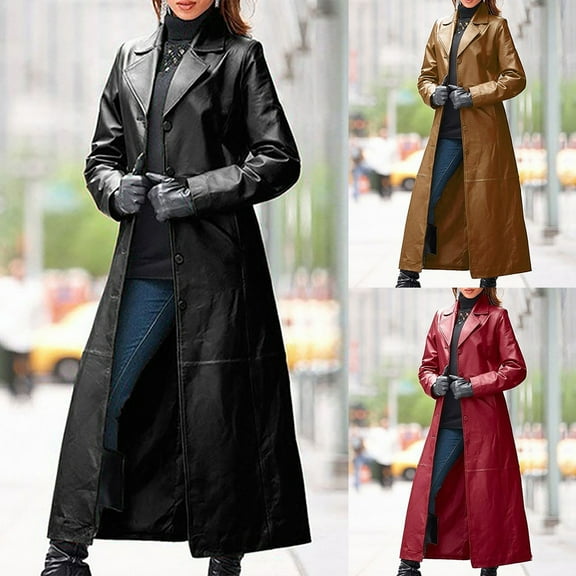 Winter Warm Coats for Women, Ladies Sexy Autumn and Solid Long Leather Coat Imitation Leather Windbreaker Coat Jackets Black L