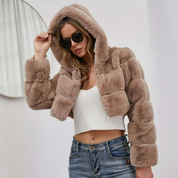 Winter Warm Coats for Women, Ladies Solid Color Coats Faux Coat Furry Faux Jacket Long Sleeve Outerwear Khaki XXL