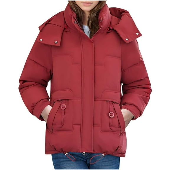 Winter Warm Coats for Womens Fashion Plus Size Solid Color Down Jacket Short Jacket Winter Hat Detachable Thick Warm Fashion Coat Coat