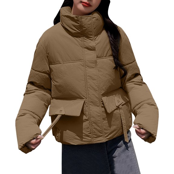 Winter Warm Coats for Womens Fashion Plus Size Standing Collar Loose Solid Color Coat Cotton Jacket Long Sleeved Jacket