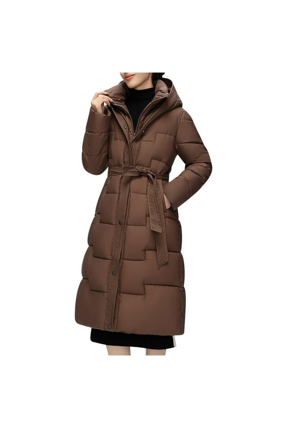 Winter Warm Coats for Womens Fashion Plus Size Wave Seam Hooded Coat Mid-length Knee-length Coat Long-sleeved Coat