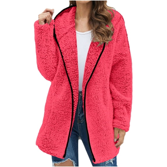 Winter Warm Coats for Womens Fuzzy Fleece Jacket Long Sleeve Hooded Cardigan Sweatshirts Open Front Lapel Outerwears