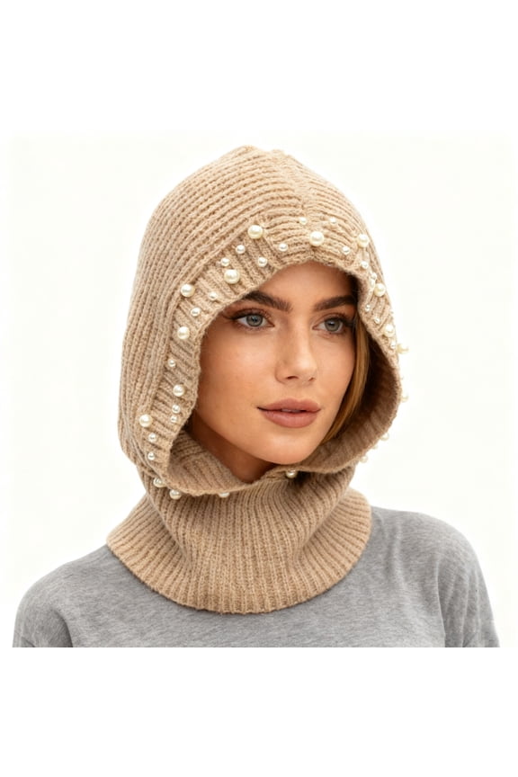 Winter Warm Crochet Balaclava for Women Knitted One Piece Beanie Hat Neck Warmer Head Wrap Pearl Skull Cap