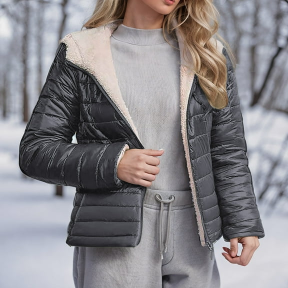 Winter Warm Cropped Parka Jacket for Women Loose Fleece Hooded Outdoor Long Sleeve Jackets Fall Fashion 2025 Casual Solid Color Zip Up Coats
