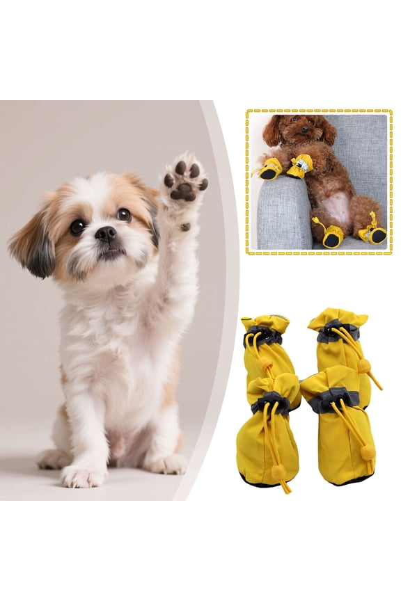 Winter Warm Dog Boots, Fleece Lined Dog Shoes with Reflective Tape, Drawstring Closure, Anti Slip Paw Protector, Easter Decor, Cold Weather Pet Shoes for Small Dogs, 2*2.2in, Yellow