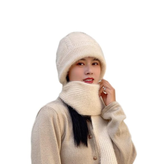 Winter Warm Elastic Soft Ear Protection Knitted Scarf Hat Fleece Lined Beanie Hat