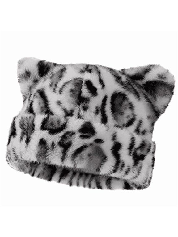 Winter Warm Faux Fur Cat Ears Hat Fluffy Leopard Print Beanie Cap