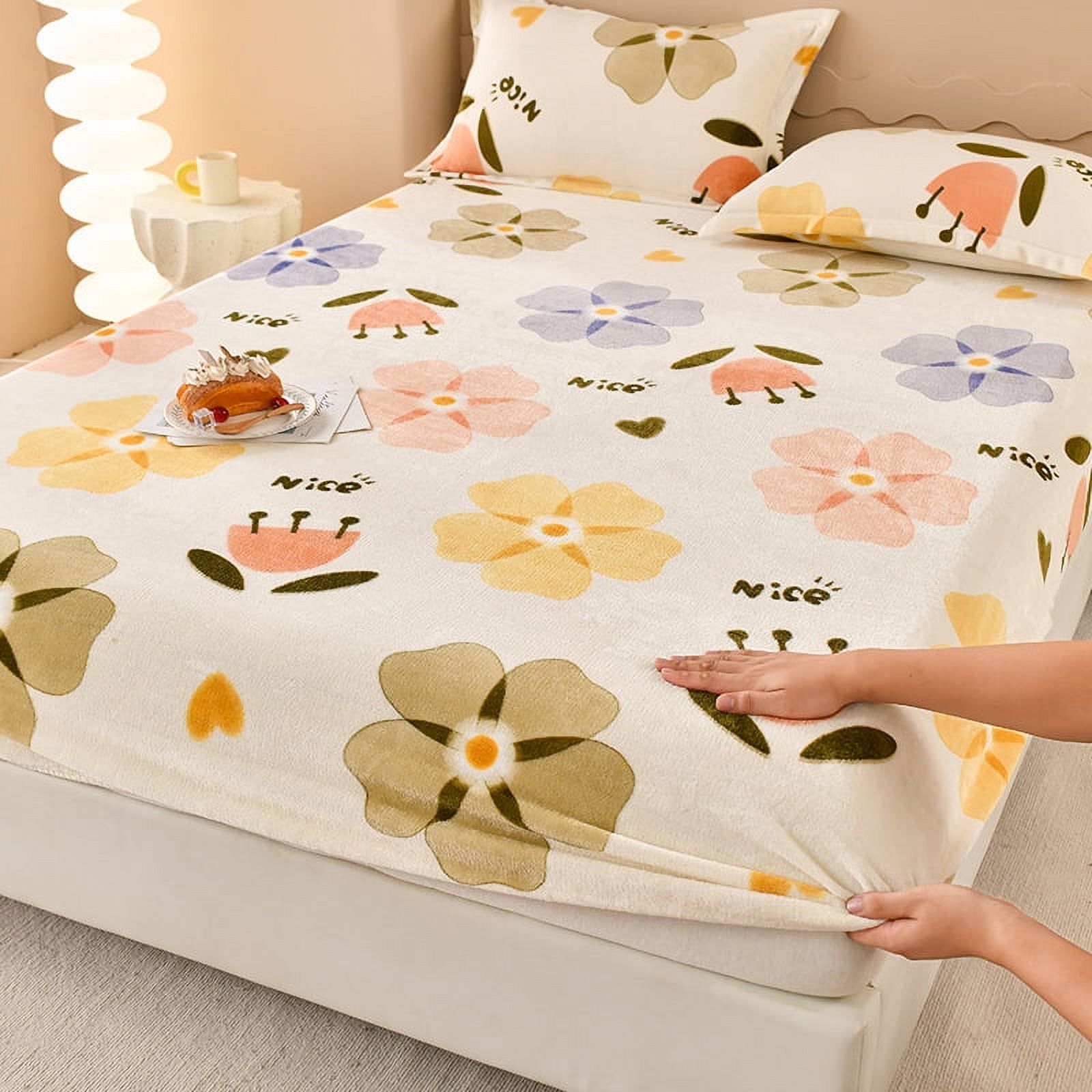 Winter Warm Fitted Sheet Stars Pinted Flannel Fleece Bed Sheet for