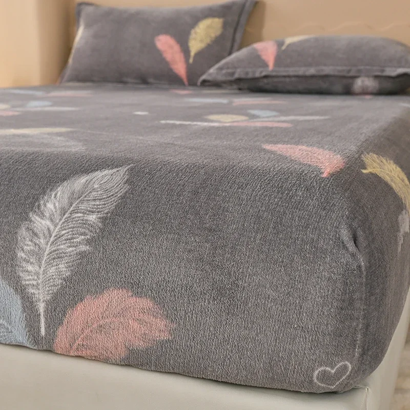 Winter Warm Fitted Sheet Stars Pinted Flannel Fleece Bed Sheet for