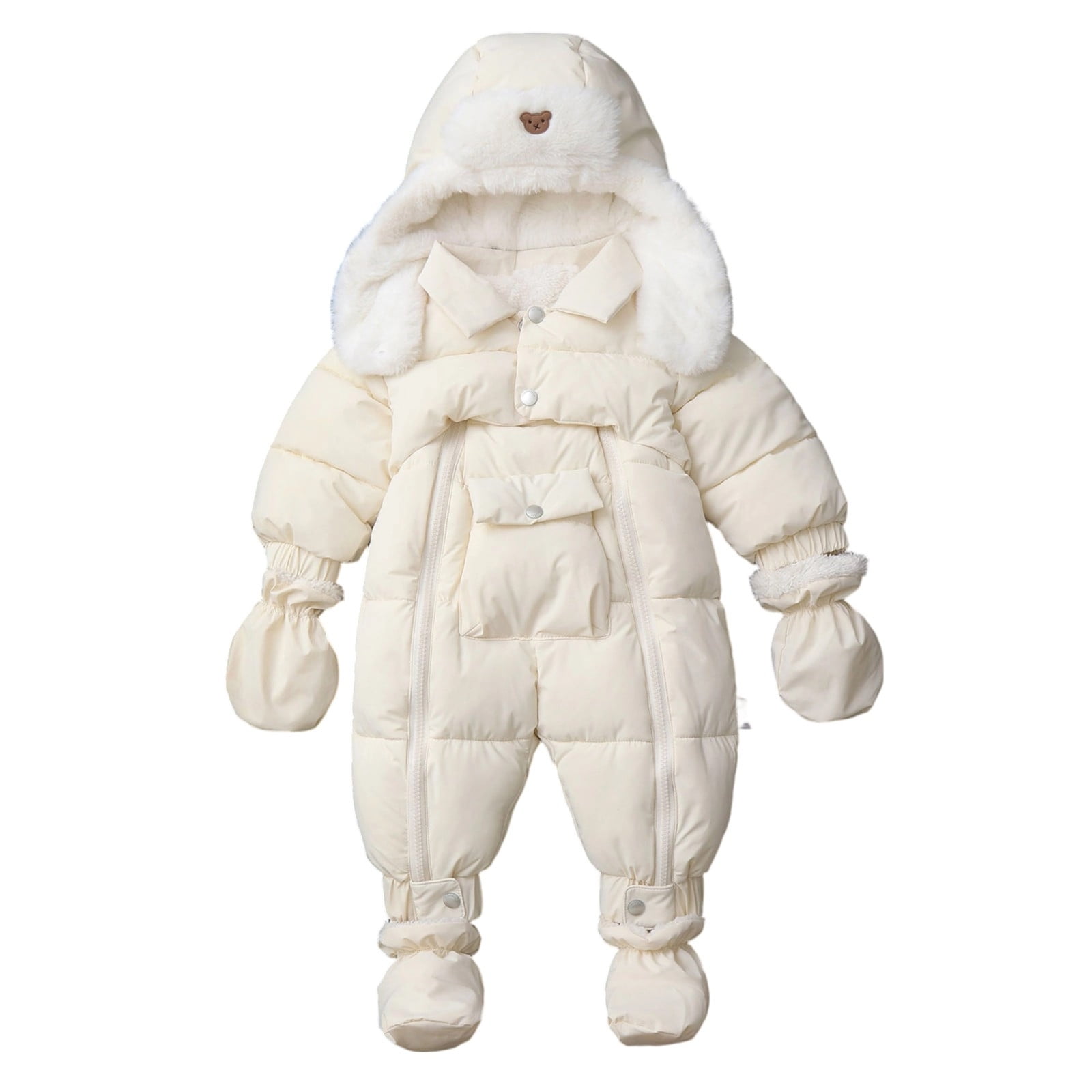 Winter Warm Bodysuit Solid Cute Bear Hooded Puffer Romper Boys Girls Snowsuit One Piece Jumpsuit