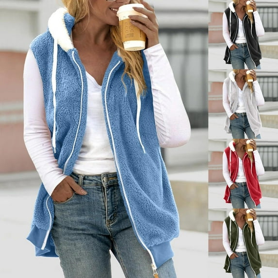 Winter Warm Fleece Zip Up Hooded Jackets for Womens Fashion Plus Size Sleeveless Coat Warm Jackets Outerwear With Pockets Gifts for Women