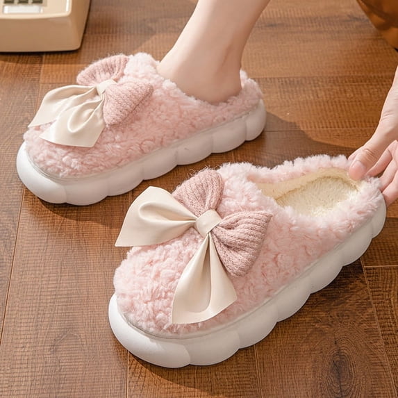 Winter Warm Fur Slippers for Women Cute bow House Non Slip Soft Shoes Comfort Flat Heel Home Indoor Bedroom Plush Slippers (pink,38-39)