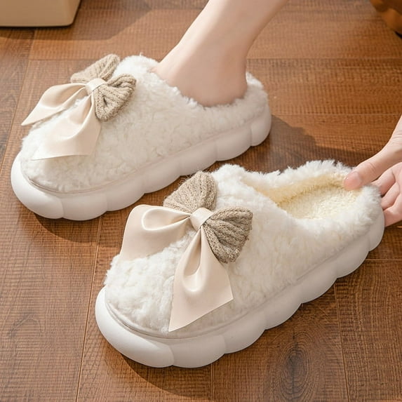 Winter Warm Fur Slippers for Women Cute bow House Non Slip Soft Shoes Comfort Flat Heel Home Indoor Bedroom Plush Slippers (white,36-37)
