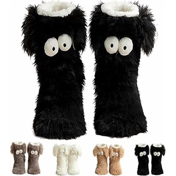 Winter Warm Fuzzy Non-Slip Slipper with Cute Big Eyes, Muffle Friends Cozy Socks, Thick Fleece Floor Long Socks（Black）Z