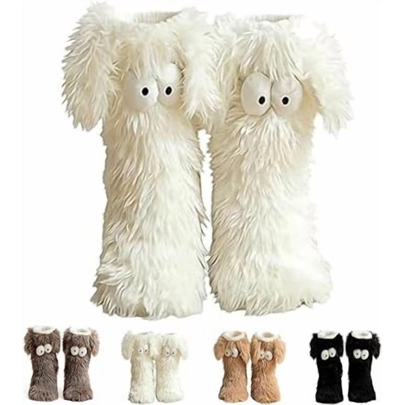 Winter Warm Fuzzy Non-Slip Slipper with Cute Big Eyes, Muffle Friends Cozy Socks, Thick Fleece Floor Long Socks（White）Z