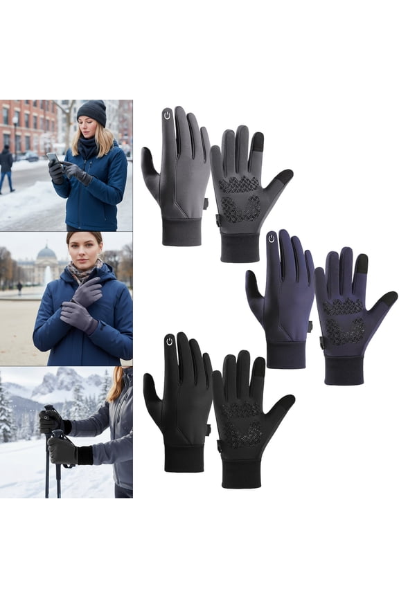 Winter Warm Gloves Men Women | Waterproof Polyester Thermal Insulated | Strong Heat Retention, Flexible Fit, Reinforced Palm, Lightweight | Black Gray Blue | 2 Pack