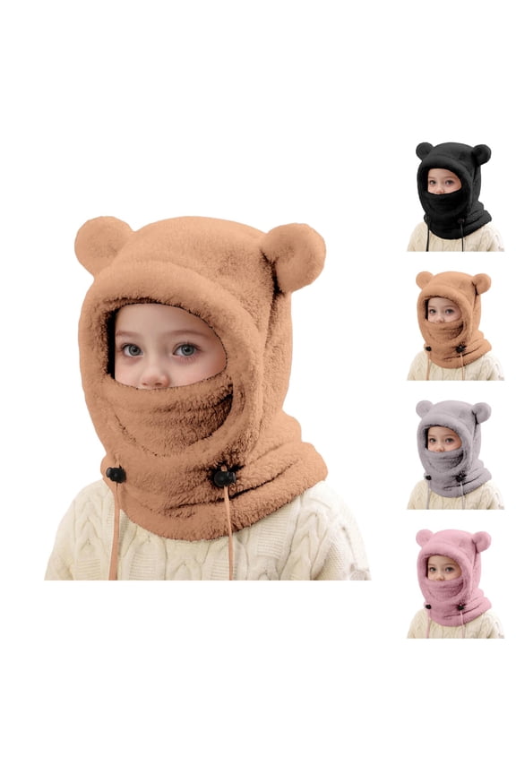 Winter Warm Hat with Face Scarf for Kids, 3-in-1 Balaclava Beanie Hood, Windproof Thermal Ear Protection Adjustable Hood for Boys Girls Cold Weather