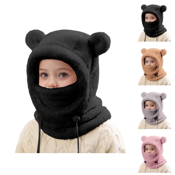 Winter Warm Hat with Face Scarf for Kids, 3-in-1 Balaclava Beanie Hood, Windproof Thermal Ear Protection Adjustable Hood for Boys Girls Cold Weather