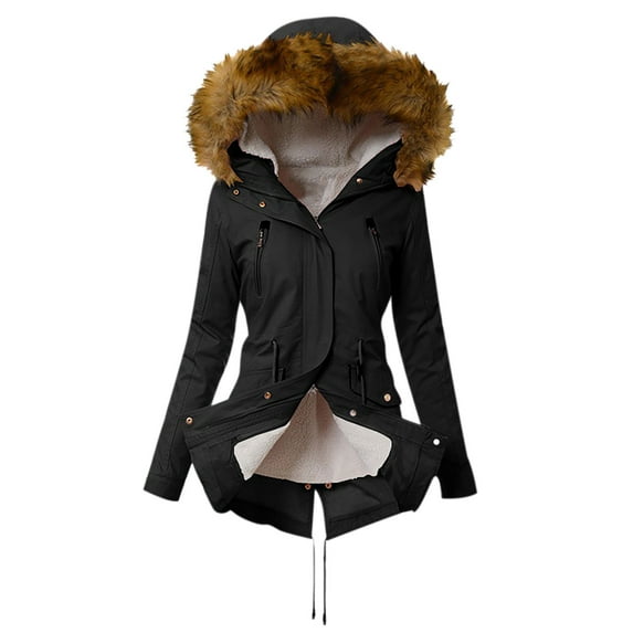 Winter Warm Jacket for Women,Velvet Thick Thicken Puffer Jacket,Parka with Fur Trimmed Hood,Turn Coat Hooded Collar Snow Down Outerwear Black M