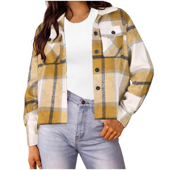 Winter Warm Jackets For Women Casual Loose Checkered Long Sleeved Short Style Double Pocket Lapel Plaid Plaid Jackets Yellow S-4XL