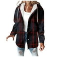 thumbnail image 1 of Winter Warm Jackets For Women Checkered Striped Long-sleeved Printe Hooded Casual Red-C Coat Outwear S-3XL, 1 of 5