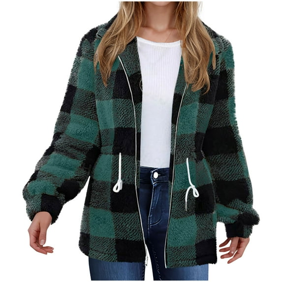 Winter Warm Jackets For Women Double-sided Long Sleeved Fleece Casual Lattice Splice Green Cardigan Overcoat Coats S