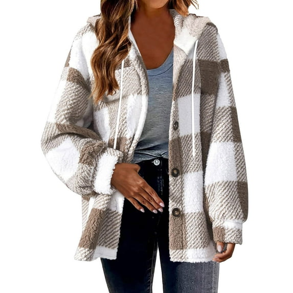 Winter Warm Jackets For Women Plaid V-Neck Long Sleeve Hooded Khaki Blouse Coats S-5XL Up To 65% Off!