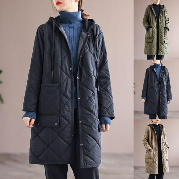 Winter Warm Jackets For Women Solid Color Loose Casual Hooded Long Sleeved Black Coat Outerwear M-4XL